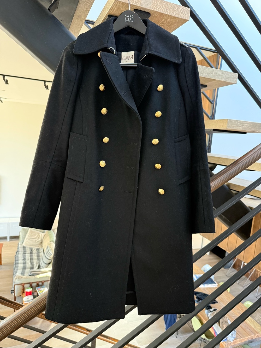 SAM. Black Officer Leather Trim Military Double-Breasted Coat size small